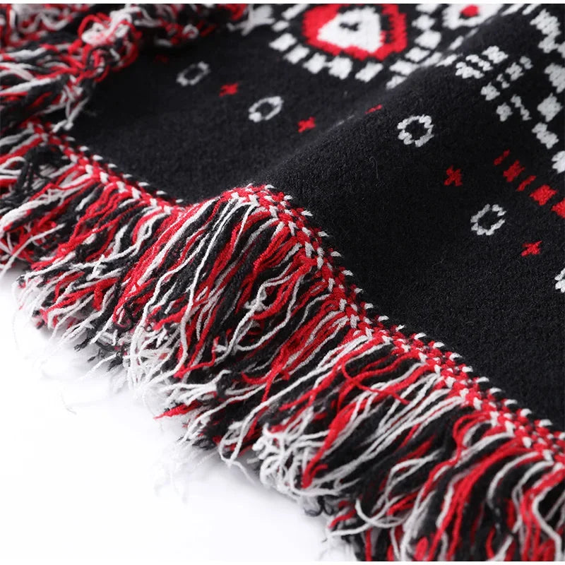 2026 Spring Tassel Knitted Jacquard Women's Cardigans Loose Patchwork V-neck Long Sleeve Thick Warm Sweater Lady New Knitwear