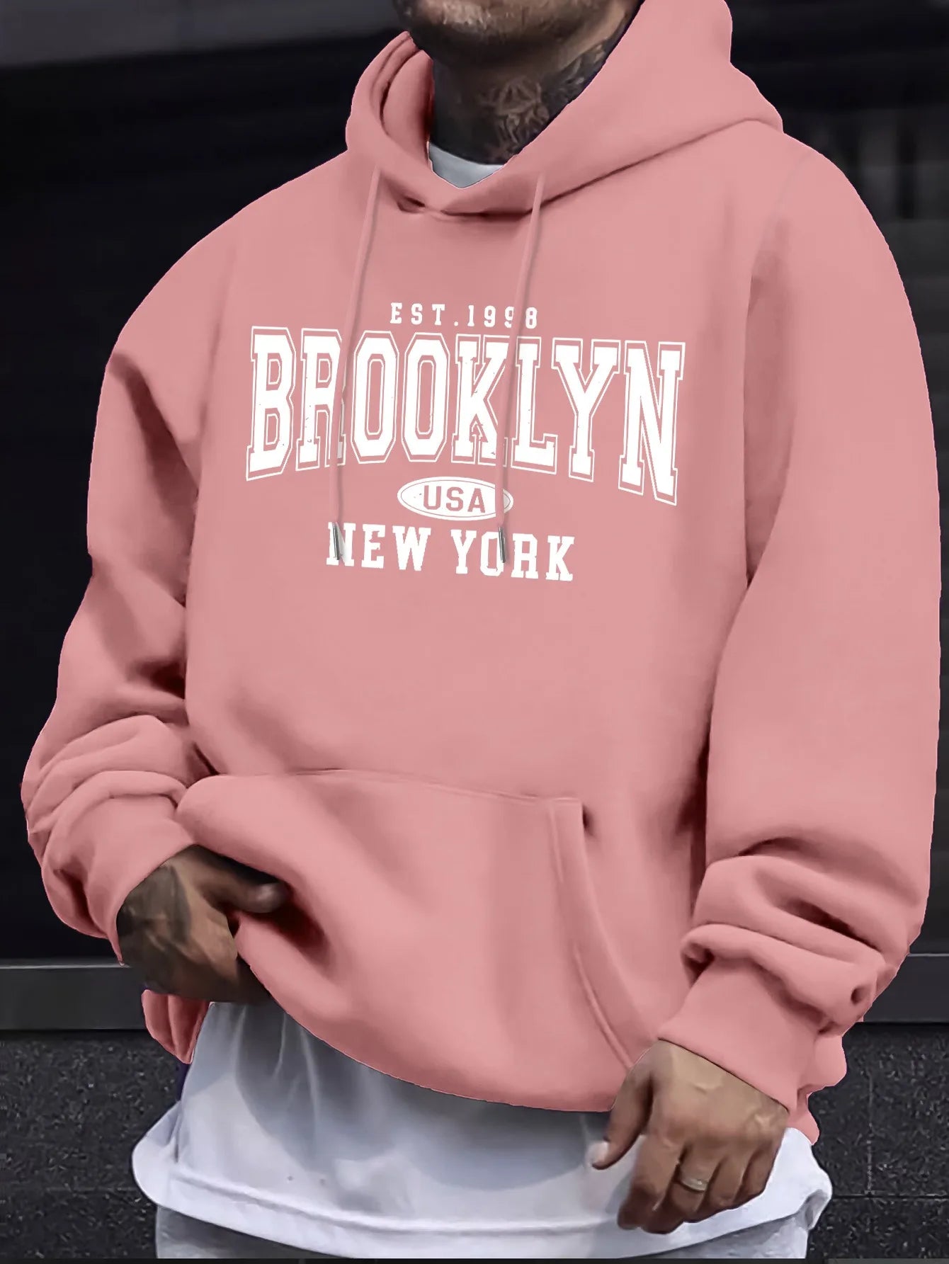 Men's autumn and winter casual fashion loose Brooklyn New York letter printed long sleeved hooded sweatshirt warm pullover BAZAARHUBO