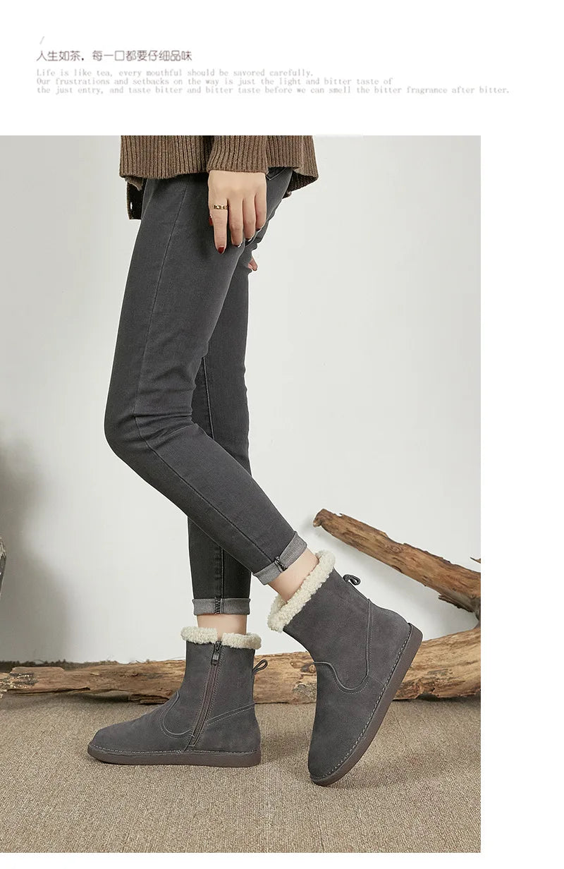 Careaymade-Genuine cow leather Snow cotton round head flats woolen short boots plush warm snow boots Oversized shoes size 35-43