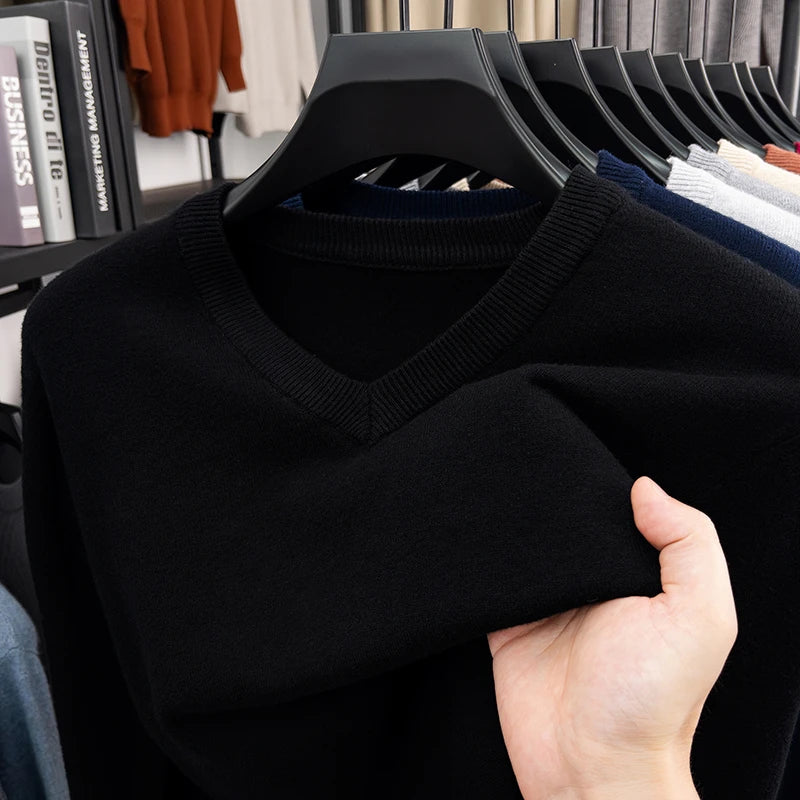 2026 Men's V-Neck Basic Solid Color Sweatshirt Warm Autumn Knitted Oversize Pullover Elastic round Neck Sweater for Casual Wear BAZAARHUBO