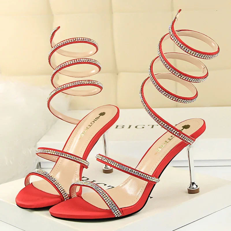Summer Women 8.5cm High Heels Nightclub Silk Rhinestone Sandals Crystal Ankle Cross Strap Sandles Sexy Strange Gladiator Shoes