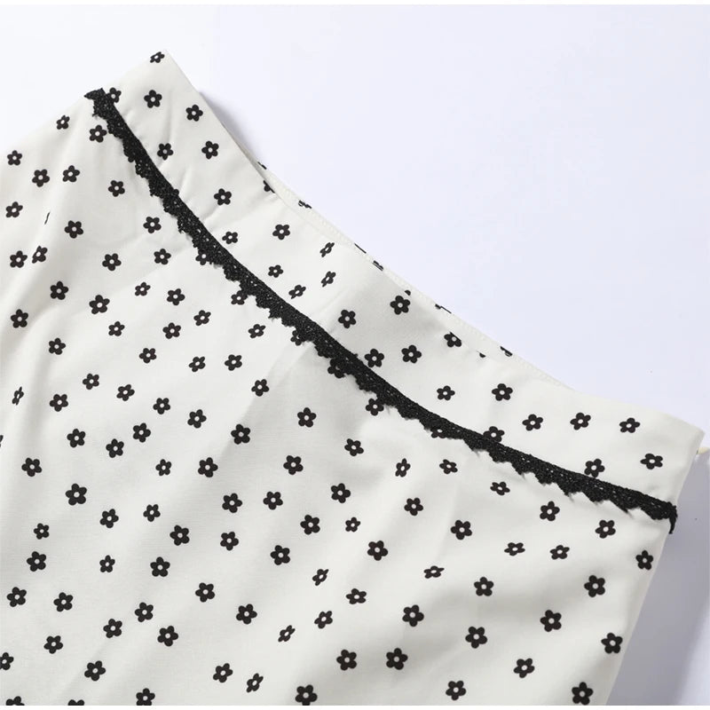 Elegant Female 2 Piece Skirt Set Polka Dots Printed Suit Cropped Short Sleeves Square Neck Top Slit High Waist Skirt Vintage Set