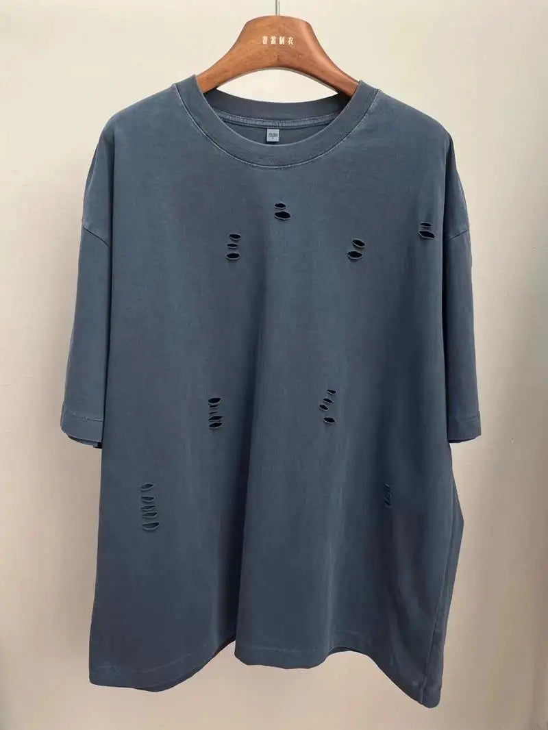 2024 New Ripped Crew Neck Short Sleeve Loose Casual T-Shirt Men's and Women's Same Retro Fashion Bottom Shirt Oversized T Shirt