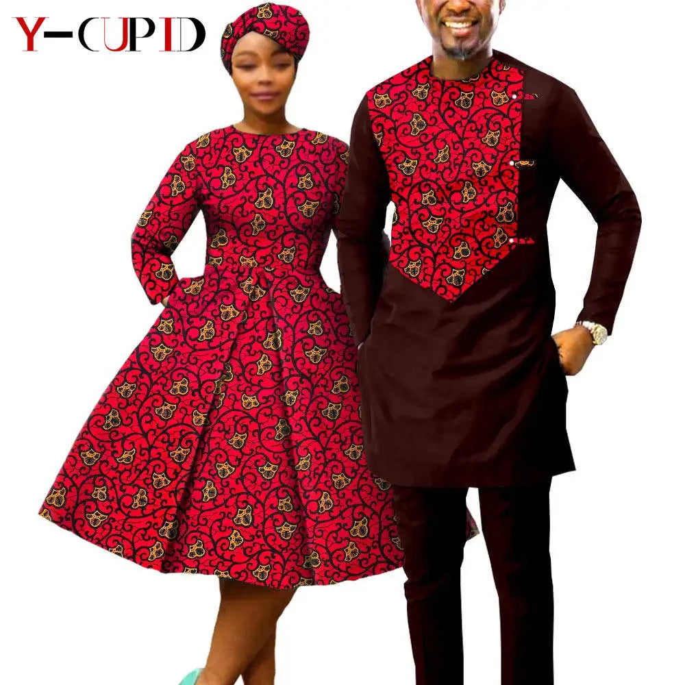 African Print Dresses for Women with Headwrap Matching Couple Outfits Dashiki Men Long Sleeve Pathwork Top and Pant Sets Y23C004