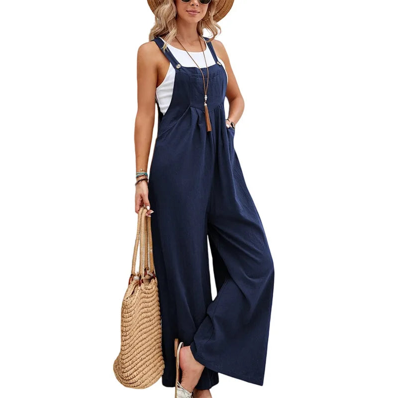 Women Summer Autumn Casual Straps Jumpsuits Elegant High Waist Wide Leg Trousers Harajuku Sleeveless Rompers Streetwear Overalls