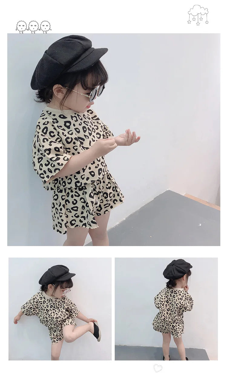 Fashion Baby Girls Sets Casual Summer Clothes Mother Kids Leopard Print Suit Cotton Short Sleeve T-shirt Pants Children's Set
