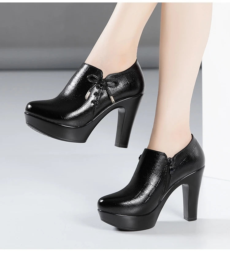 10cm Small Size 32-43 Elegant Black Bow Deep Mouth Thick Bottom Platform Pumps 2026 Winter Block High Heels Shoes Office Model
