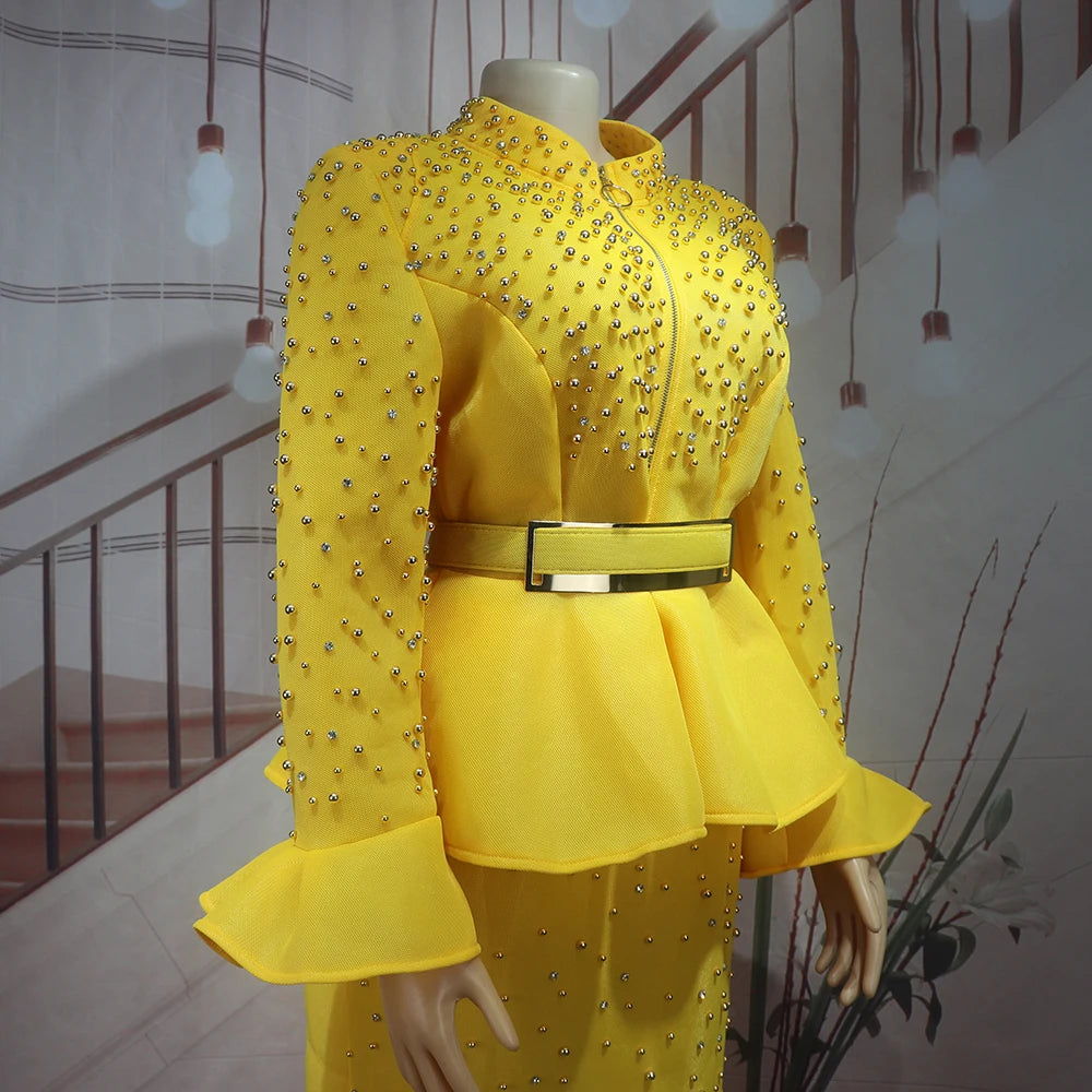 Fashion Suit African Dresses for Woman Rhinestone Turkey Dresses for Women Luxury High Quality Mesh Fabric African Beaded Dress