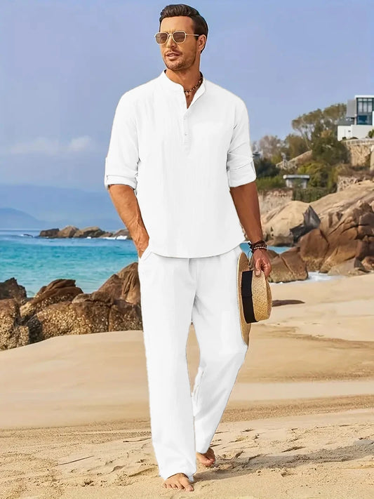 Men's White Linen Suit Set Long Sleeve Henley Shirt and Elastic Waist Pants Two Piece Outfit Summer Casual Comfortable