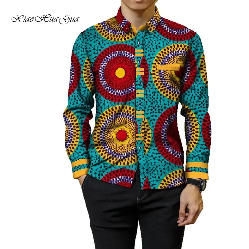 Fashion Mens Africa Festive Clothing Ankara Clothes African Print Tops Long Sleeve print Cotton patchwork T-shirt wyn905
