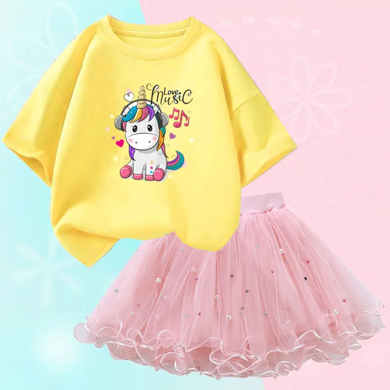 Dresses For Girl Summer Fashion Wear Outfit Kids T-Shirt Suit Unicorn Party Baby Costumes For Children Tulle Tutu Skirt Clothing