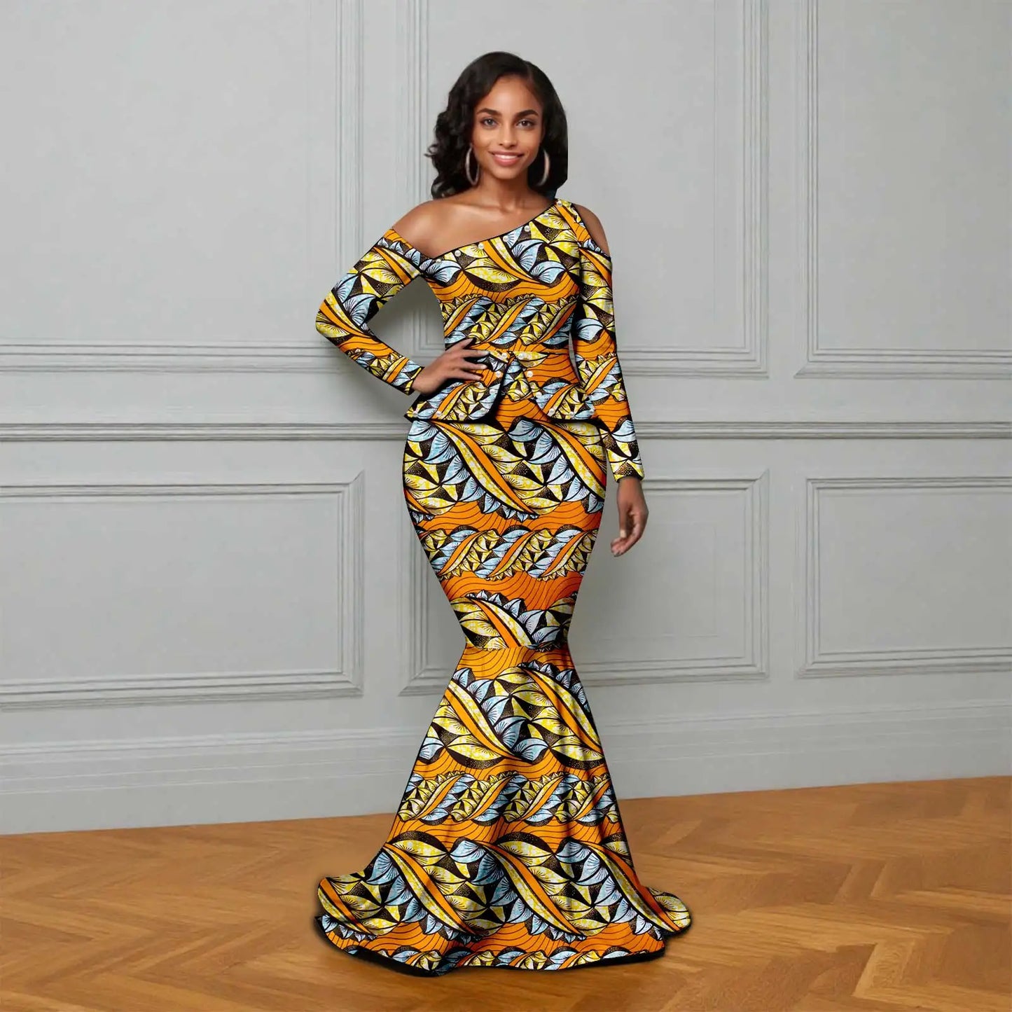 African Ankara Printed Fabric Women's Dress Skew Collar Long Sleeve Floor-Length Dress Elegant fashion 2625007