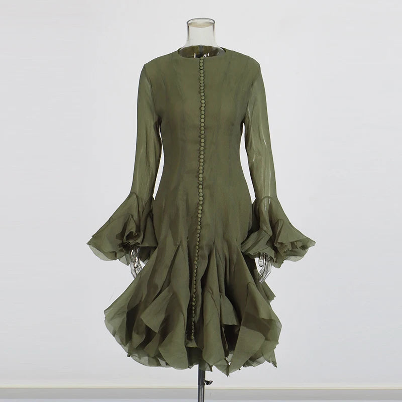 TWOTWINSTYLE Solid Long Dresses For Women Round Neck Flare Sleeve High Waist Slim A Line Spliced Ruffles Dress Female Fashion