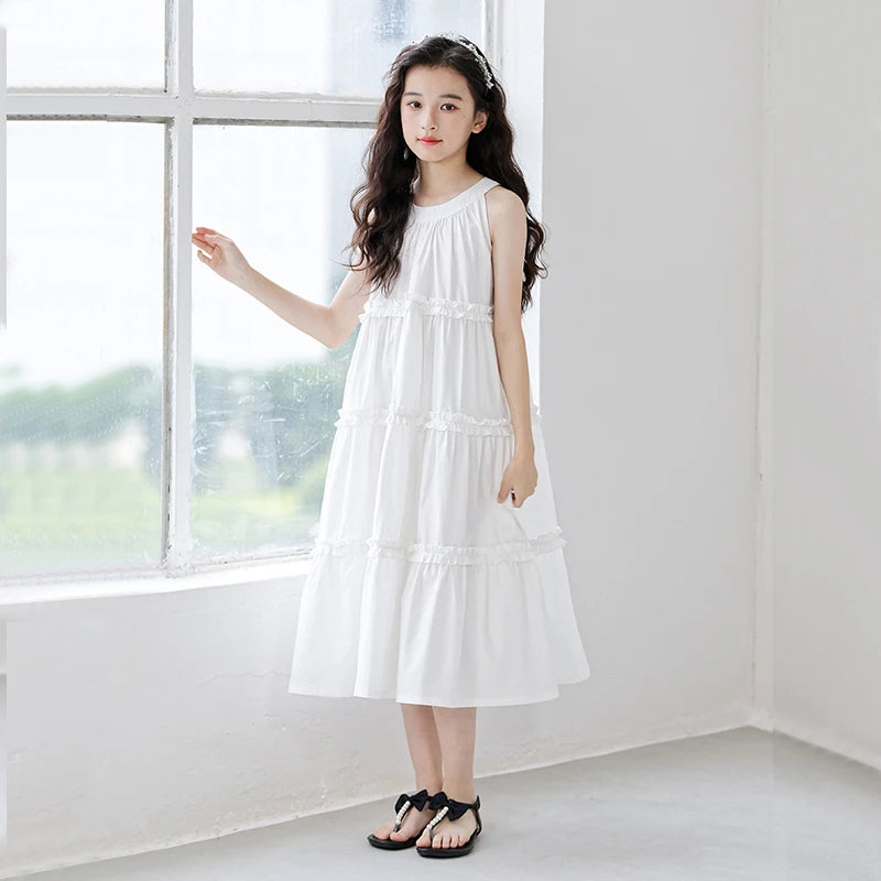 Fashion Korean Children's Clothes 2025 Elegant Dress For Girls Casual Dresses White Sleeveless Summer Dress Loose Girl Outfits