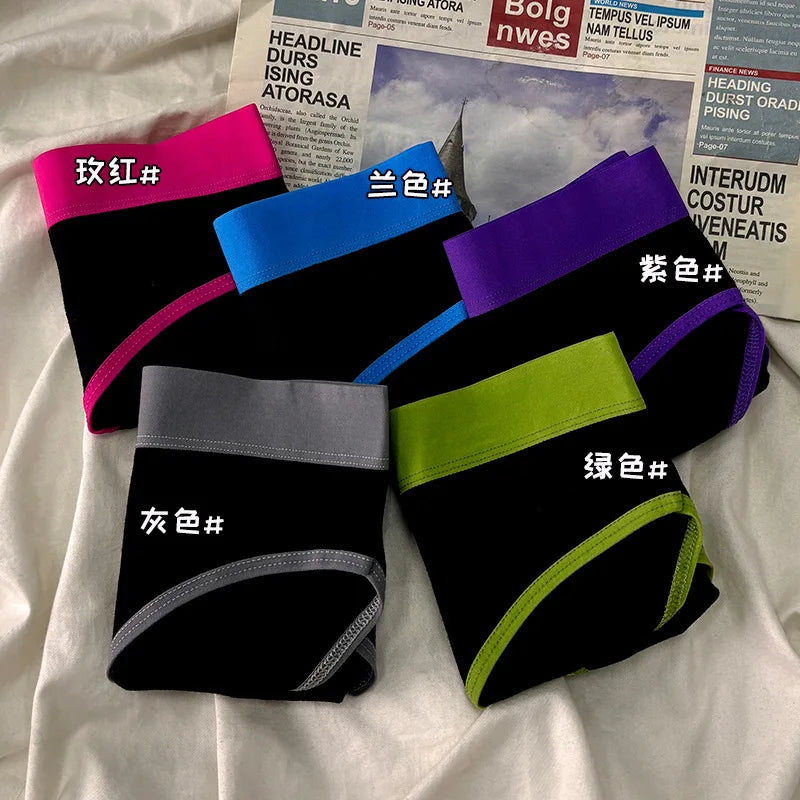 5Pcs/Set Sport Cotton Panties Women Middle Waist Briefs Girls Solid Color Underwear Breathable Underpants Color Blocked Triangle