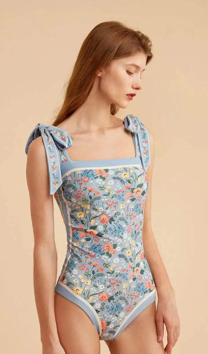 Y2K Floral One Piece Swimsuit Reversible Tie Shoulder Monokini Tummy Control