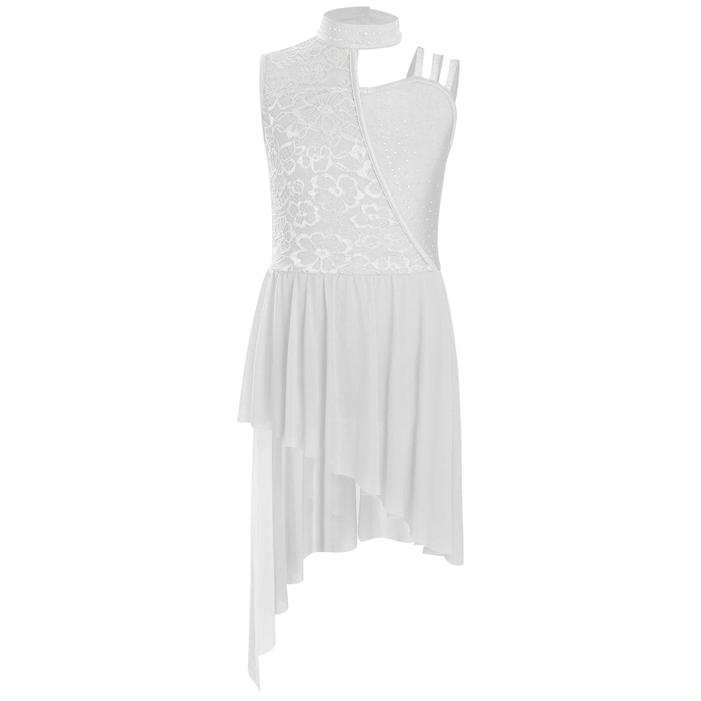 Kids Girls Ballet Lyrical Dance Dress Sleeveless Modern Contemporary Dancewear Floral Lace Rhinestones Gymnastics Leotard Dress