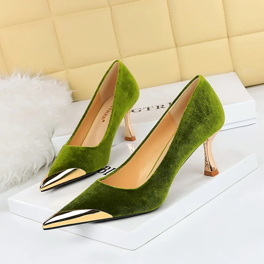 BIGTREE Fashion Sexy Nightclub Slim Wine Glass Pumps High Heel Velvet Shallow Mouth Metal Pointed Party Women's Shoes
