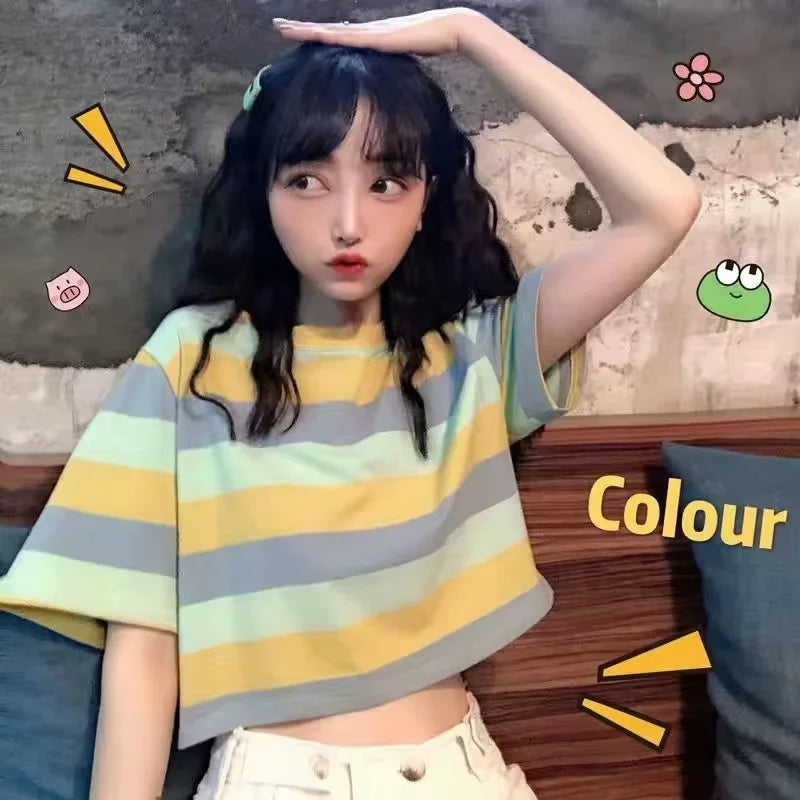 Black White Striped Cropped Top Women Summer New Korean Loose Short-sleeved T-shirt Fashion Egirl Letter Print Oversized Shirt