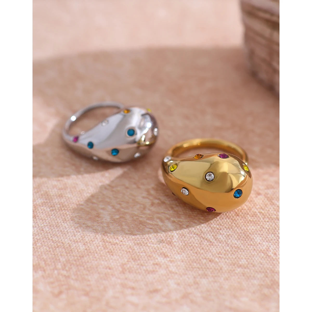 YACHAN 18K Gold Plated Glossy Chunky Stainless Steel Rings for Women Chic Colorful Crystal Statement Jewelry