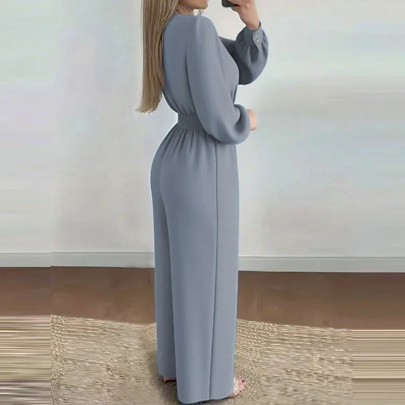 V Neck Solid Long Jumpsuits Fashion Commuting Belt Lace-Up Puff Sleeves Wide Legger Romper Casual Long Sleeve Women's Playsuit