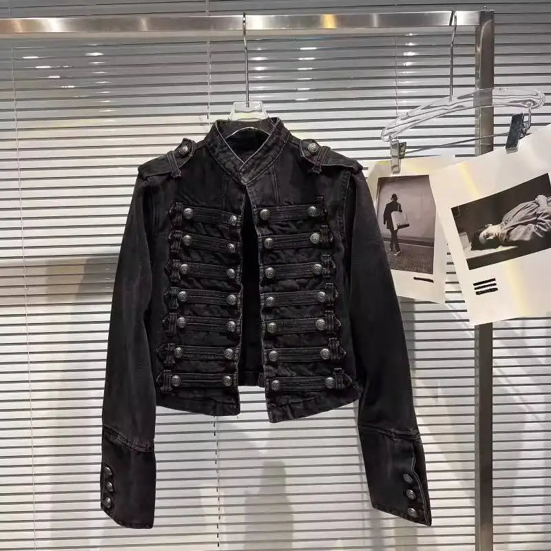 2026 Autumn New Fashion Metal Buckle Design Shoulder Strap Denim Short Jacket For Women High Street Coat Female