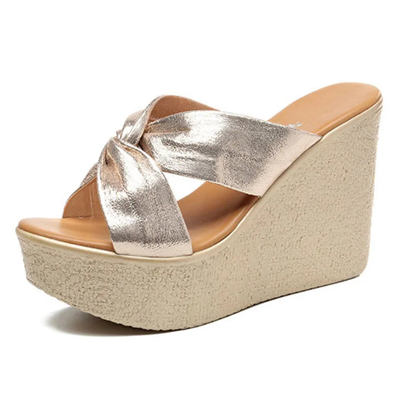 High quality summer wedge sandals for women 8cm 11cm high heel new 2024 size 32 33 43 platform open toe elegant shoe black gold