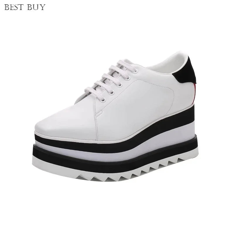 New beige Women Platform Casual Shoes 2024 Spring Black Casual Chunky Sneakers Women Real Leather White Height Increasing Shoes