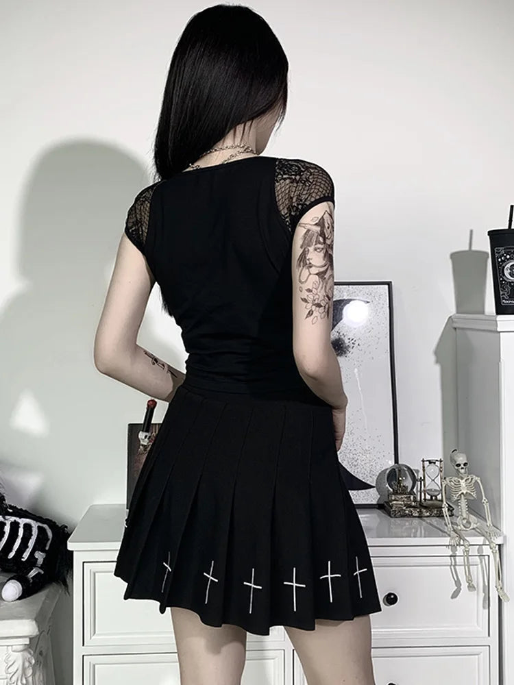 Vintage Tops Goth T-shirt Women Bodycon Bandage Lace Black T-shirts Gothic Streetwear Sexy Female Top Casual Mesh Tee