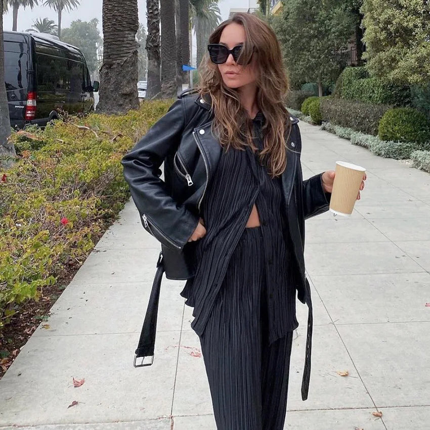 New Two Piece Set Women Outfits Pleated Women's Elegant  Drape Loose Sets Shirt High Waist Trousers Female Suit Fashion Casual