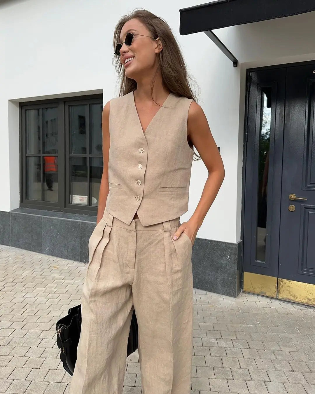 Sleeveless Vest Jacket Top Casual Pants Two-piece Set For Women's Wide Leg Pant Sets Sexy Summer Boho Cotton Linen Ladies Suits