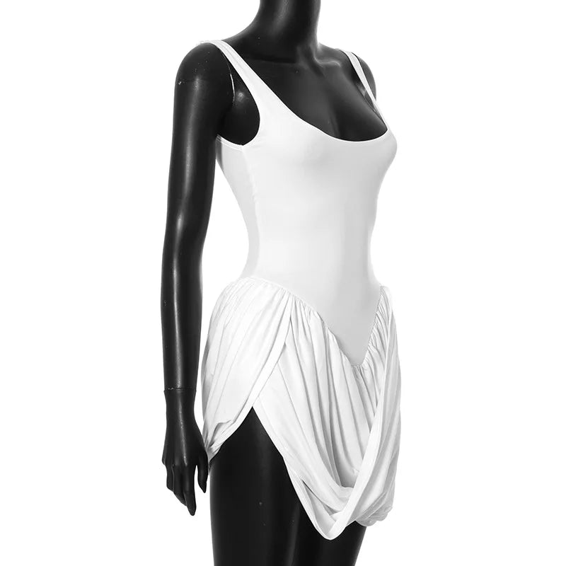 New Summer Style Long Skirt Sexy Spicy Girl Solid Color Basic Waist Fold Irregular Vest Dress Women