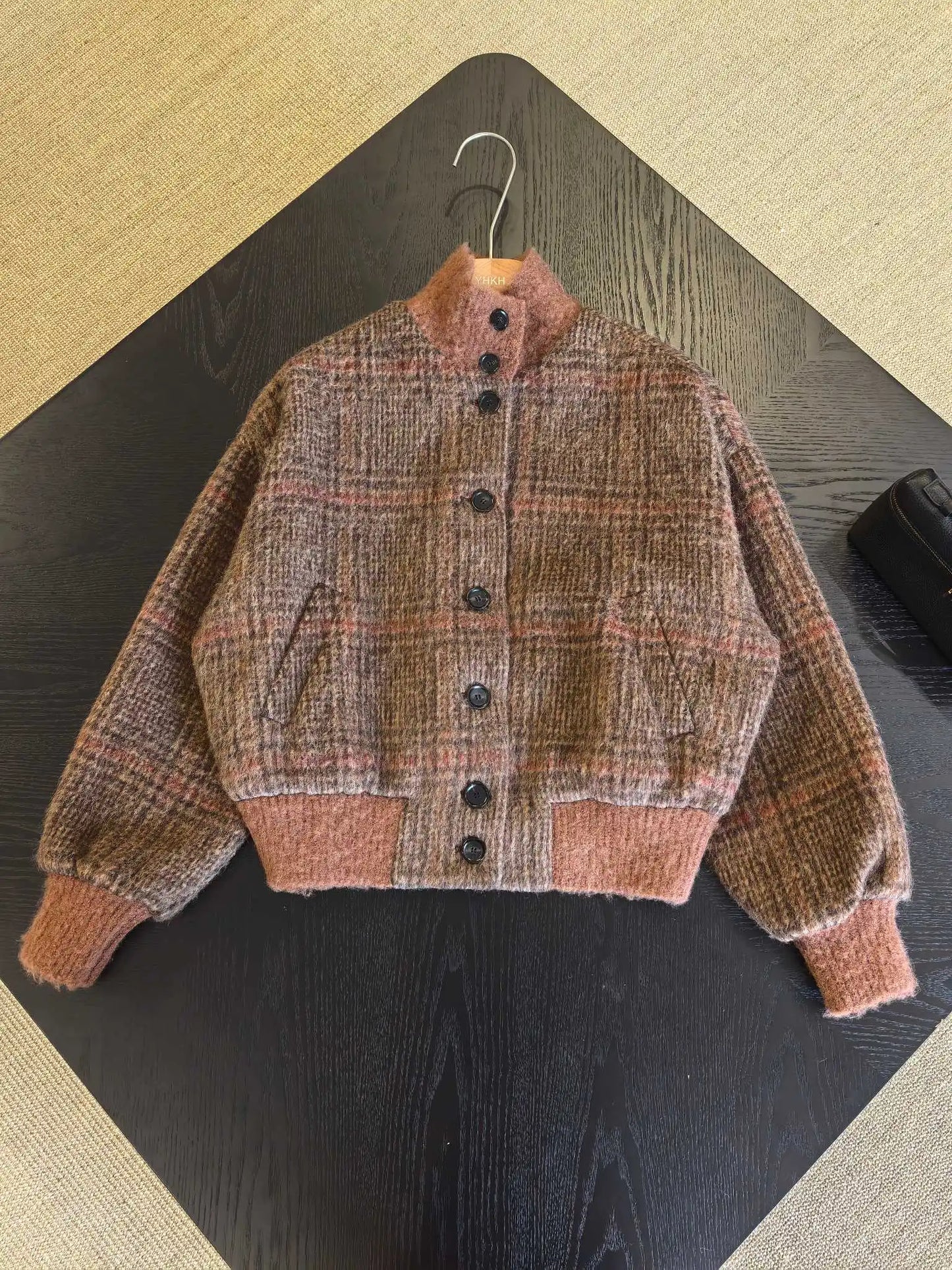 26 Spring New Arrival Women's Vintage Plaid Wool Blend Stand Collar Jacket