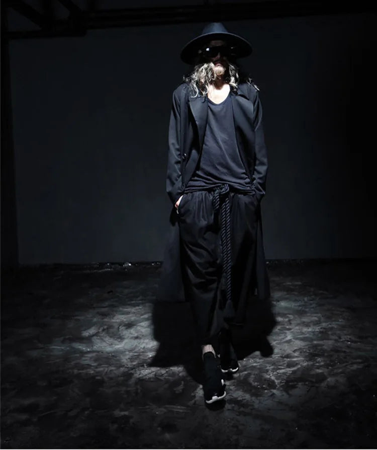 Men's Summer Black Linen Harem Pants Nightclub Stage Baggy Trousers With Rope Belt Mens Gothic Punk Hip Hop Joggers Street Wear