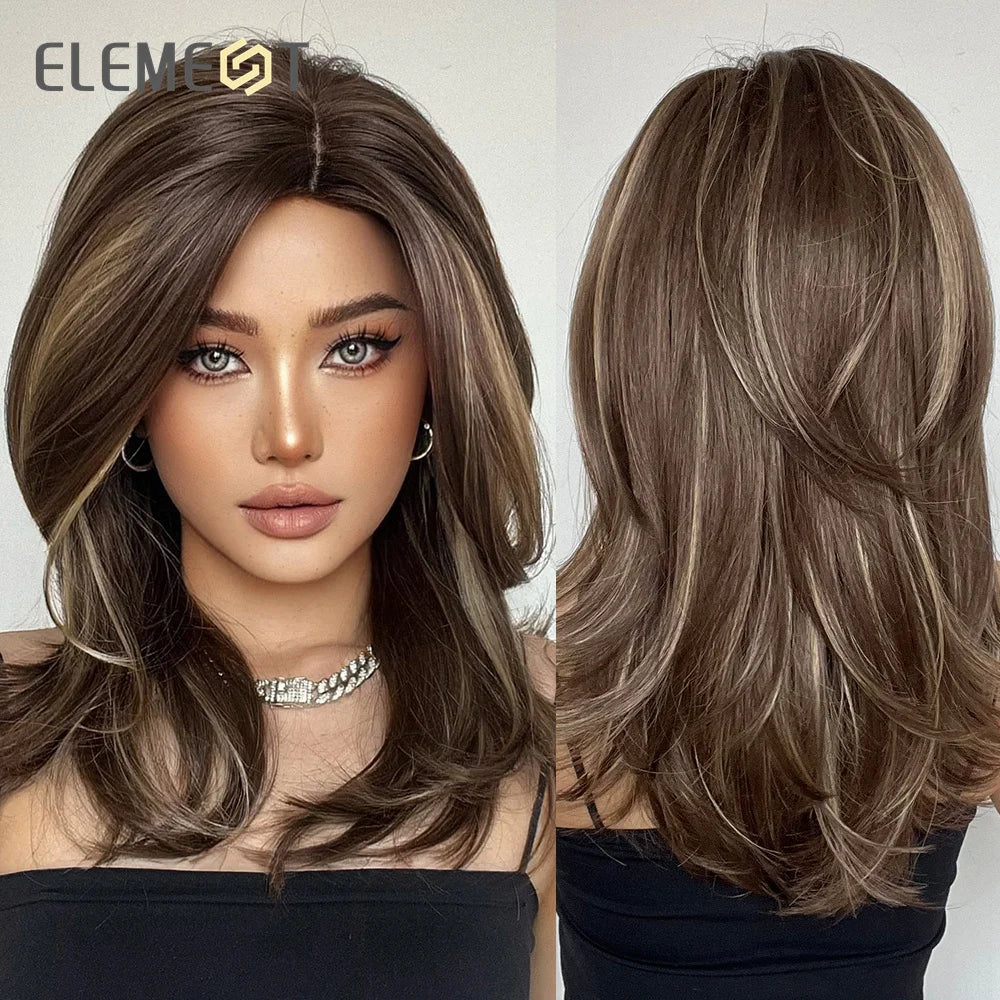 ELEMENT Synthetic Wig Medium Wavy Hair Ombre Brown Blonde Wigs for Women Daily Party Cool Heat Resistant Breathable Headband