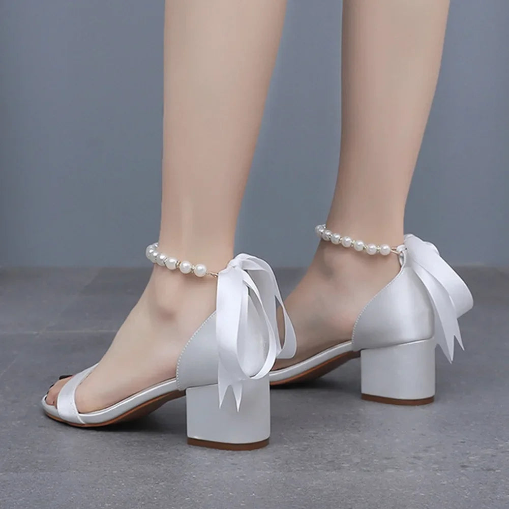 String Bead Sandals for Women Summer Peep Toe Sandals Ladies Fashion Ribbon Bow Thick High Heels Sexy Wedges Wedding Shoes 35-43