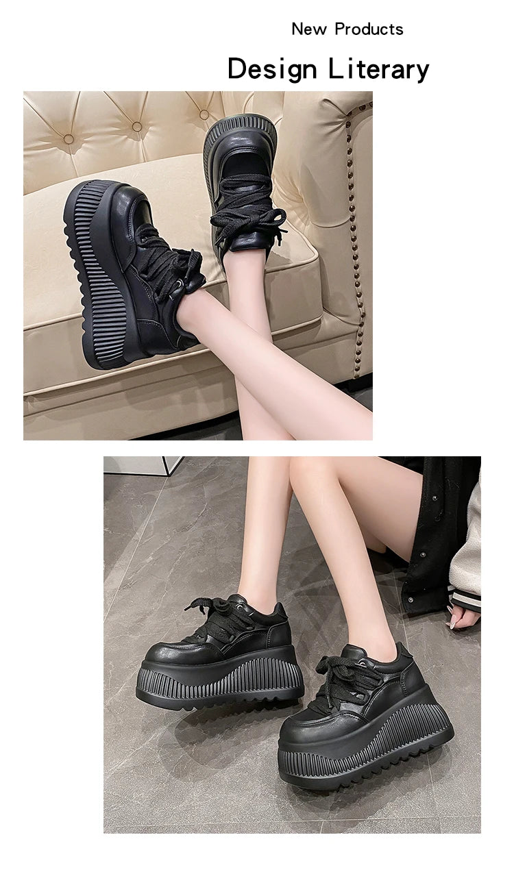 8.5CM New Synthetic Microfiber Leather Women Platform Wedge Ladies Chunky Sneakers 2024 High Brand Fashion Vulcanize Pumps Shoes