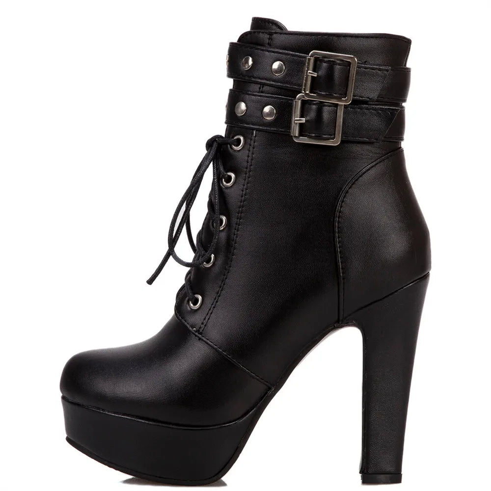 Women Ankle Boots Platform Lace-Up High Heels Short Boot Female Buckle Autumn Winter Red Yellow White Sexy Shoes Large Size34-46