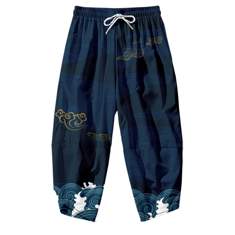 Men Yukata Style Harajuku Cardigan Traditional Japanese Great Wave of Kanagawa Crane Printed Trousers Asian Costume Kimono Pants