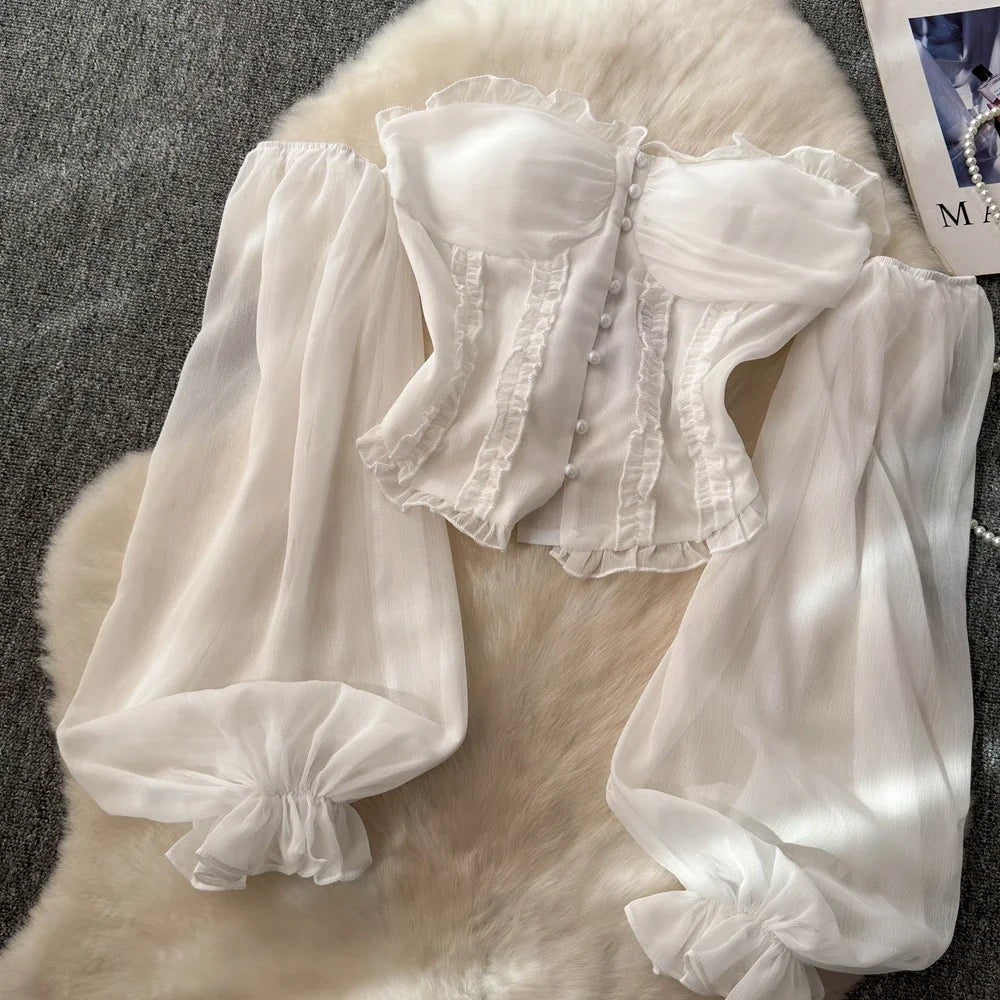 Chiffon Blouse for Women Slash Neck Off Shoulder Solid Color Camisas Ruffles Folds Backless Summer Blusas De Mujer Chic Dropship