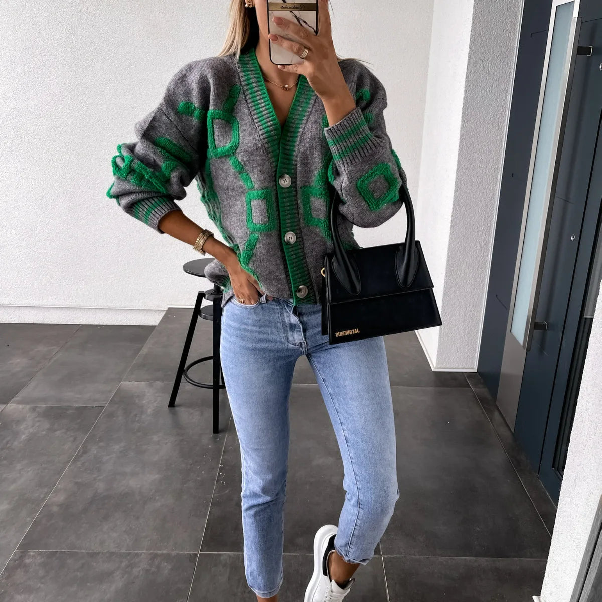 Autumn Winter Jacquard Knitted Coat Women Fashion V-neck Long Sleeve Single Breasted Knitting Cardigan Coats Female Streetwear