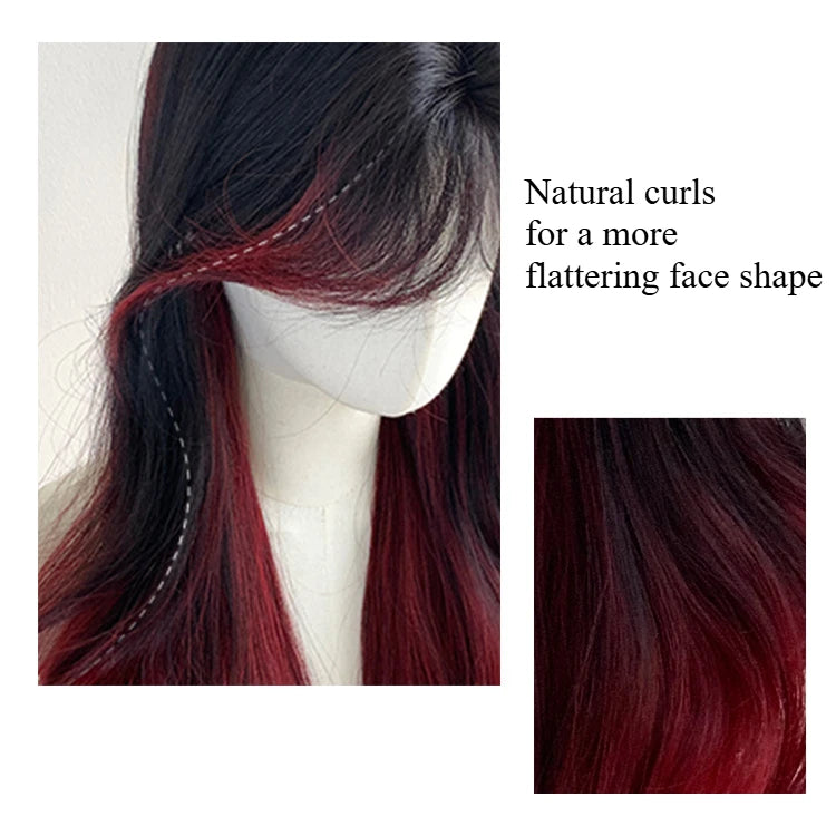 Red Black Ombre Wig Paris Female Long Curly Hair Lace Front Headband Wig Lolita Heat Resistant Synthetic Wigs for Daily Use