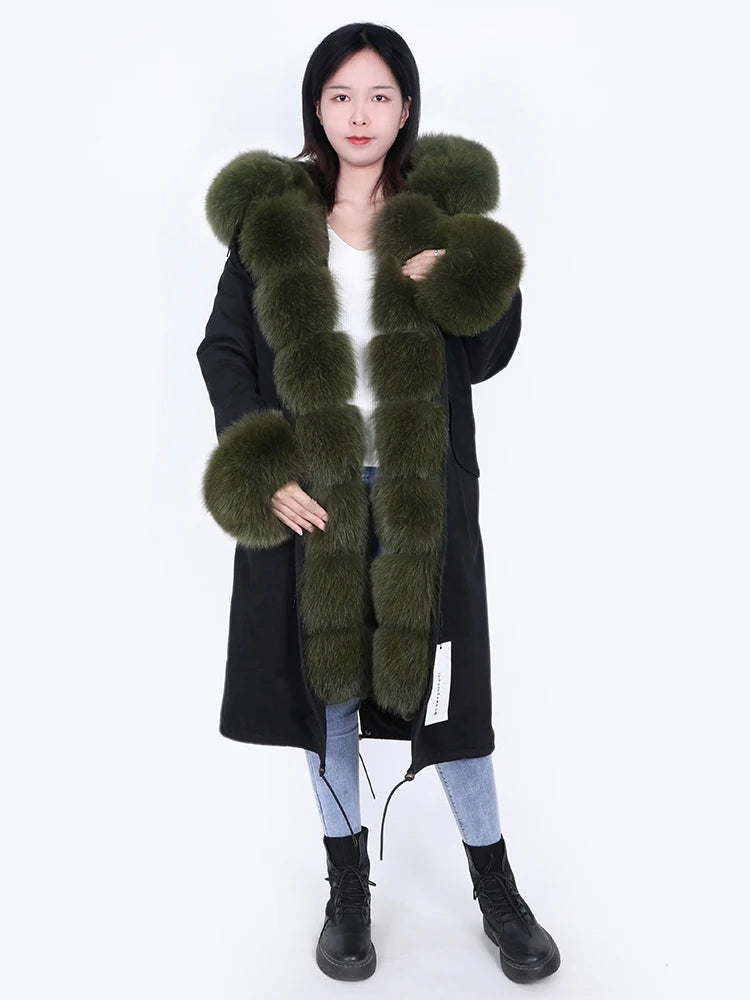 Maomaokong Winter Woman Natural Fur Overcoat Plus Size Black Parkas Raccoon Real Fur Lining Extra Larg Warm Jacket Coats Long