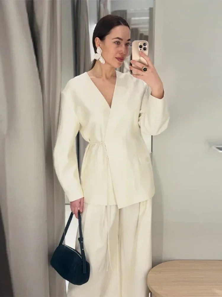 Women Elegant Solid Lace-up Blazer Set Lady Chic V-neck Full Sleeve Loose Coat Wide-leg Pants Suit 2026 Casual Commute Outfit