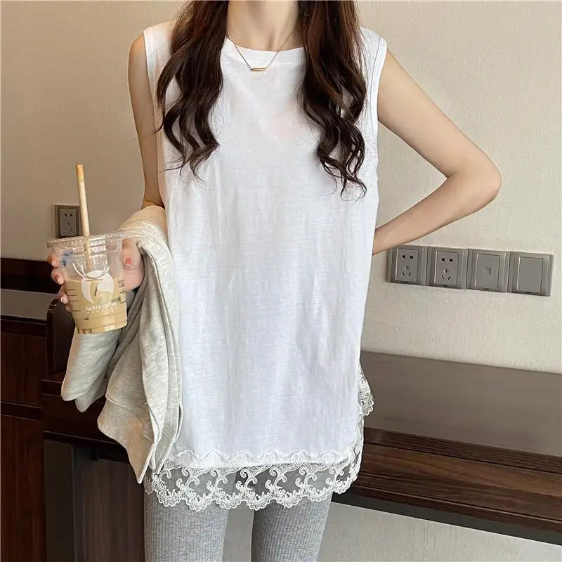 White Tanks Women Solid Lace Sleeveless Loose Tops Leisure Daily Korean Fashion Ins Harajuku Summer Simple 3XL Trendy Basics