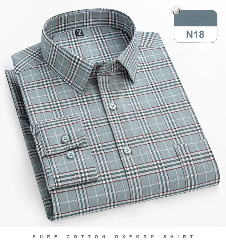 plus size 14xl 100%cotton long-sleeve shirts for men slim fit formal plain shirt soft plaid striped tops office elegants clothes