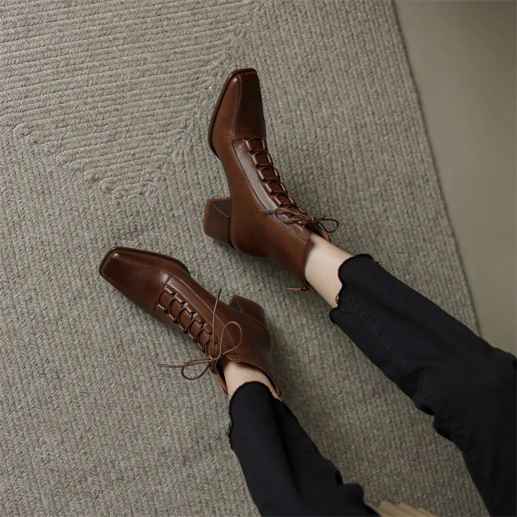 2026 Fashion Women Shoes Split Leather Short Boots Square Toe Chunky Boots Winter Shoes Women Solid High Heel Boots for Women