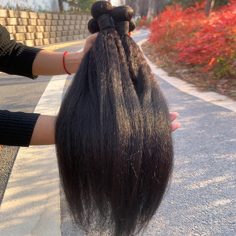 8-40 Kinky Straight Human Hair Bundles Coarse Yaki Weave Bundles Brazilian Raw Human Hair Extensions Sale for Women Double Weft