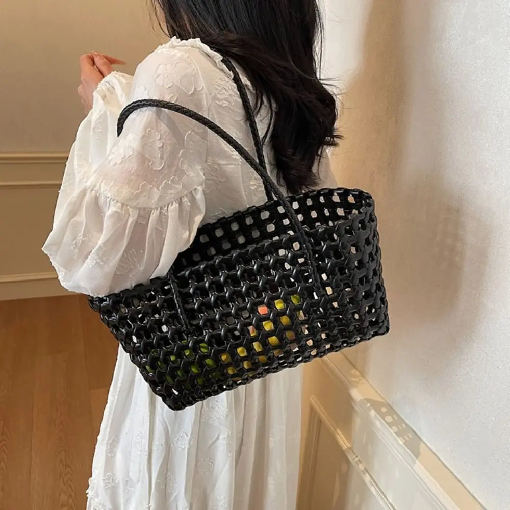 Simple Woven Women's Shoulder Bag Solid Color Large Capacity Tote Bag Hollow Handbag