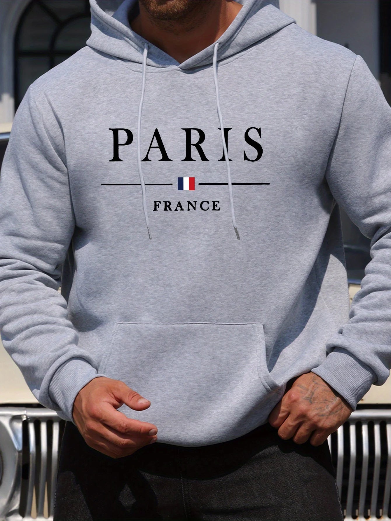 Men's autumn and winter casual fashion loose Paris letter pattern printed long sleeved hooded sweatshirt warm pullover BAZAARHUBO